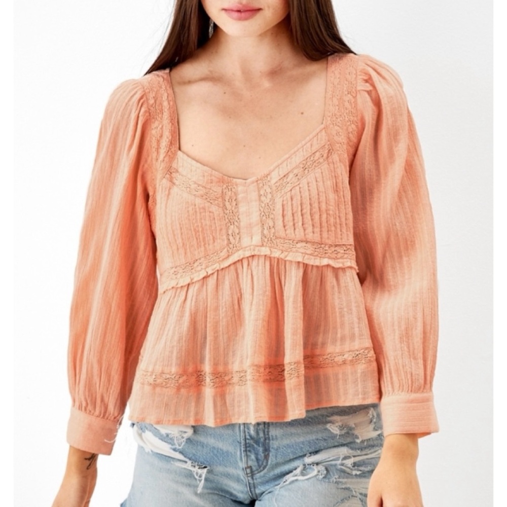 AMERICAN EAGLE • Peach/Orange Boho Long Sleeve Babydoll Blouse, L
